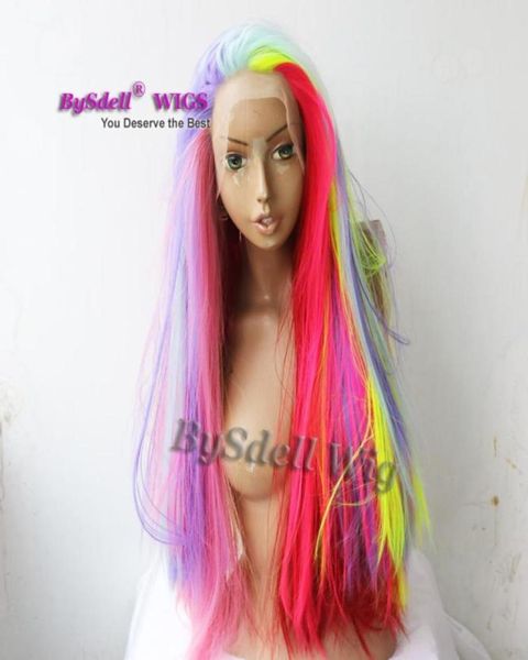 Perucas de cabelo coloridas sintéticas longas e retas destaque rosa roxo cabelo colorido peruca frontal de renda sereia cosplay festa pelucas perucas fo1274791