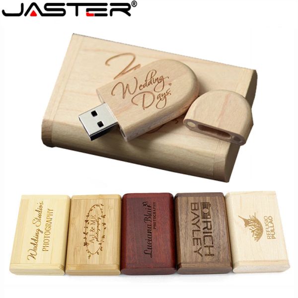 Drives JASTER USB Flash Drive 128GB Memory Stick 2.0 De Madeira Livre Pessoal Personalizado Pendrive 4GB 8GB 16GB 32GB 64GB Presente de Casamento