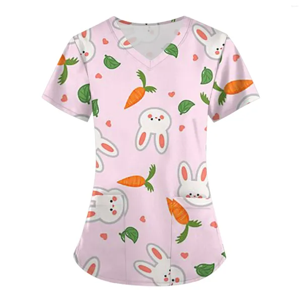 Damen T-Shirts Kawaii Frauen Krankenschwestern Uniform Ostern Tunika Peeling Tops Bluse Kaninchen Karotten Druck Klinik Pfleger Schutz Krankenpflege