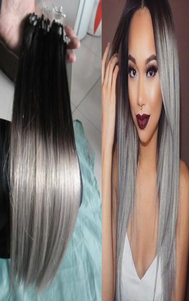 Ombre t1bgrey em linha reta prata ombre micro laço extensões de cabelo humano 100 humano micro grânulo links máquina feita remy extensão do cabelo 2524071