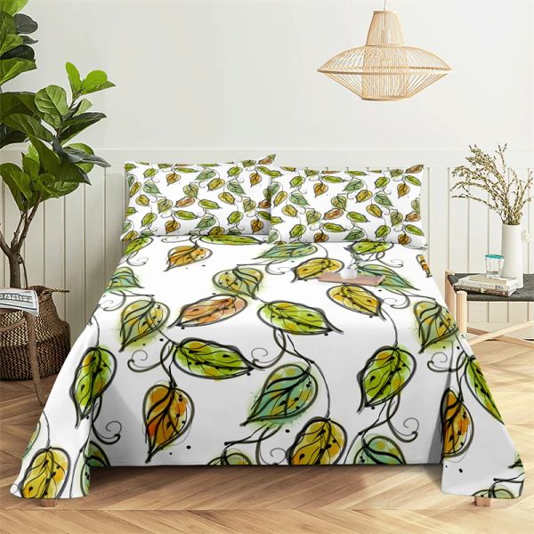 Conjunto de folhas tropicais de 0,9 / 1,2 / 1,5 / 1,8 / 2,0 m Lençol de cama para casa com impressão digital de poliéster Lençol plano com fronha