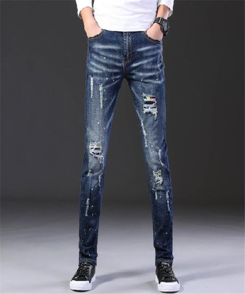 2020 Fashion Casual Jeans Herren Straight Stretch Dot Craft Little Feet Skinny Jens Men Scratched Blue Hole Denim Tide PantsES6861201635