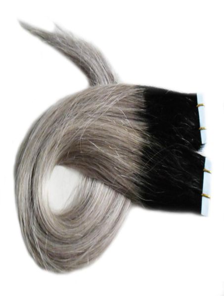 1B Estensioni del nastro di trama della pelle Ombre grigio argento 100G Capelli grigi lisci Nastro in PU da 40 pezzi nelle estensioni dei capelli umani2430362