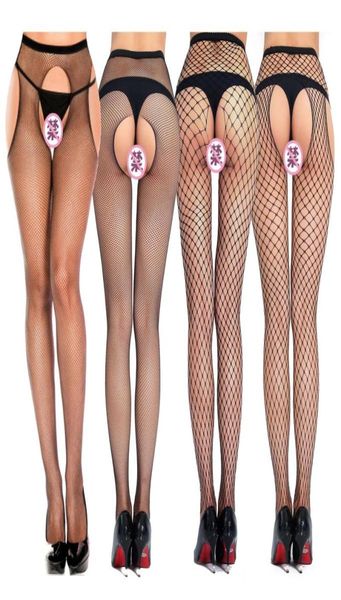 Socken Strumpfwaren Schwarze Netzstrümpfe Nylon Lady Crotchless Strumpfhosen Strumpfhosen mit offenem Schritt Mesh Transparent Ripped Sexy Dessous E5046626