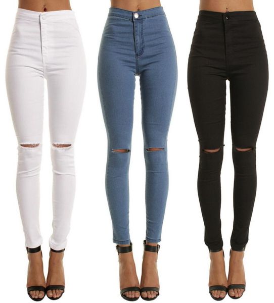 Hohe Taille beiläufige dünne Jeans für Frauen-Loch-Mädchen-dünne Knie zerrissene Denim-Bleistift-Hosen-Elastizitäts-Schwarz-blaue Hose8168149