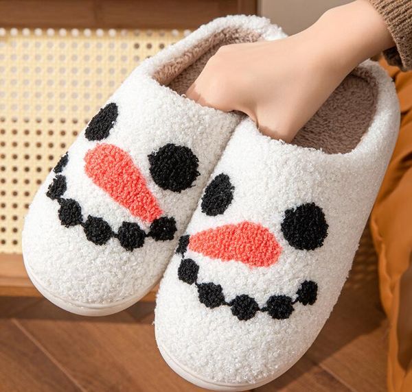 Commercio all'ingrosso di pantofole di peluche da donna per il calore domestico invernale, moda, pantofole di peluche con pupazzo di neve antiscivolo