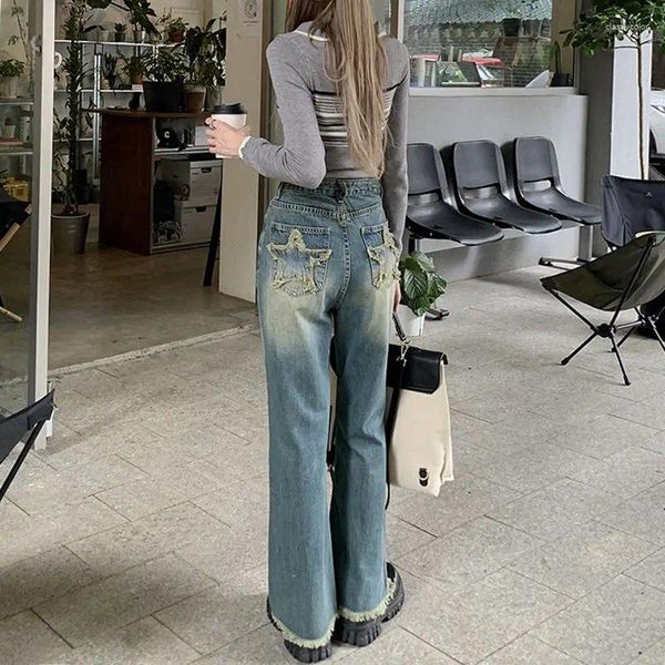 Jeans femininos estrela bolso 2024 primavera e outono combinação botão zíper moda cor sólida solta micro chifre casual