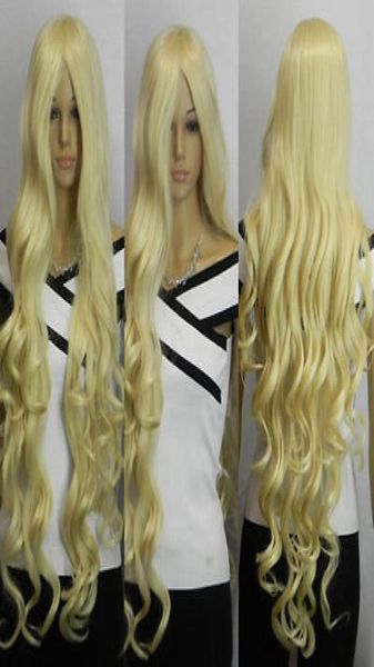 Super longa loira clara ondulada franja cosplay peruca de cabelo sintético cerca de 1M9370887