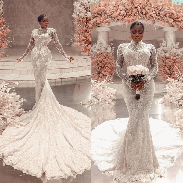 Abito da sposa grazioso con sirena in pizzo Collo alto Abiti da sposa Maniche lunghe Sweep Train Abiti da sposa Vestido De Novia Es su misura