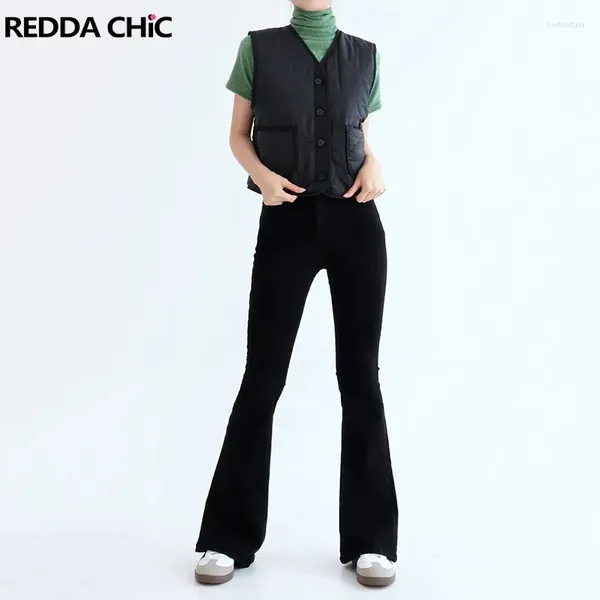 Jeans femininos reddachic xadrez preto flare com fenda mulheres botão detalhe cintura alta magro elástico casual bootcut calças roupas vintage