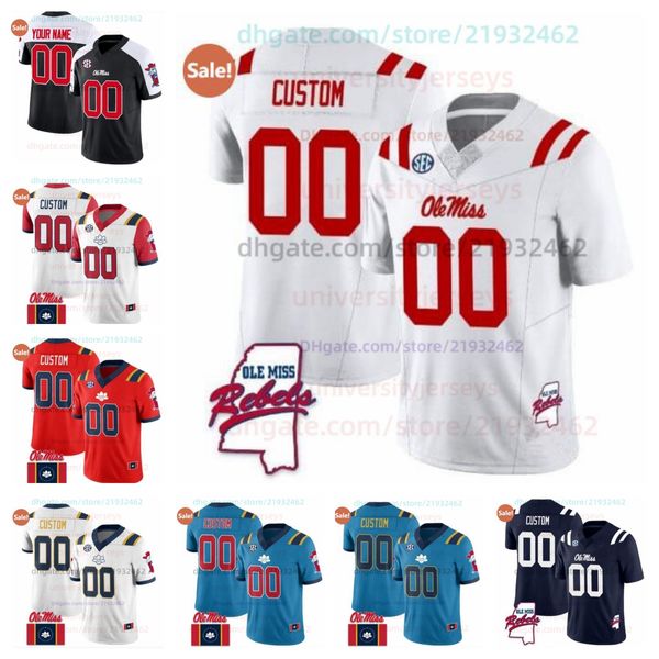 Maglia da calcio personalizzata Ole Miss Rebels 25 Trey Washington 4 Quinshon Judkins 7 Walker Howard QUALSIASI NOME QUALSIASI NUMERO UOMO DONNA GIOVANI TUTTO CUCITO Bandiera Patch Rebels Mappa