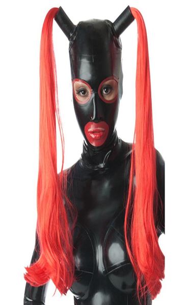 100 Hauben aus reinem Latex mit doppelten Filament-Perücken, Gummi-Fetisch-Masken, handgefertigte Cosplay-Partykleidung. 6730048