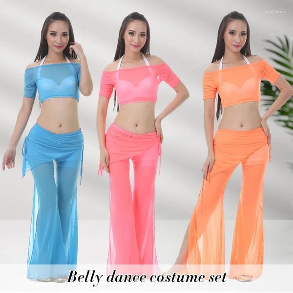 Abbigliamento da palco Body da danza del ventre da donna Top Pantaloni divisi Abito da ballo sexy in rete di garza trasparente