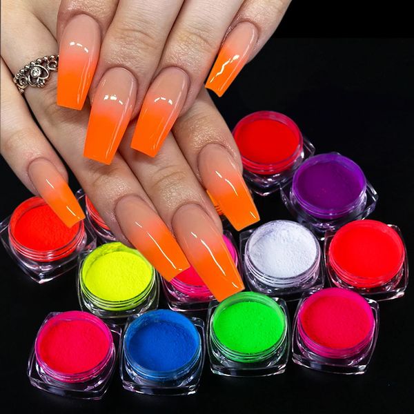 12-teiliges Neon-Nagelpigment-Set, Fluroreszierender Glitzer, Sommerdekoration, Blau, Rosa, Farbverlauf, Puder, Rub-Staub, Maniküre-Flocken, NTYE0112 240229