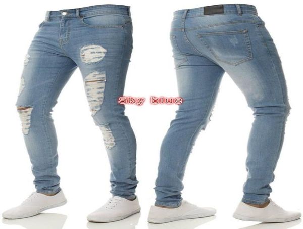 Homens casuais calças de brim magros calças de brim preto sólido rasgado mendigo magro ajuste denim com buraco no joelho para juventude2899180