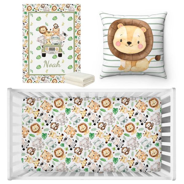 LVYZIHO Tiere Babybettlaken-Set für Jungen, Dschungel, Kinderzimmer, personalisierter Name, Kinderbett-Bettwäsche-Set, Babyparty-Geschenk, Kinderbett-Tierdecke 240229