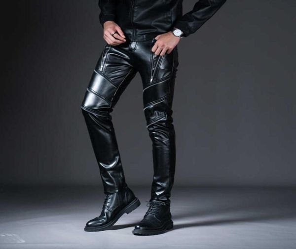 Новые зимние весенние мужские узкие кожаные брюки039s, модные брюки из искусственной кожи для мужских брюк, сценическая клубная одежда, байкерские брюки X07215283897