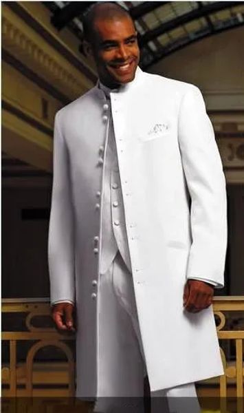 Abiti da uomo Abito lungo Cappotto bianco Smoking dello sposo Groomsman Blazer Uomo Abiti da lavoro Abiti da ballo (giacca + pantaloni + gilet + cravatta) terno masculino