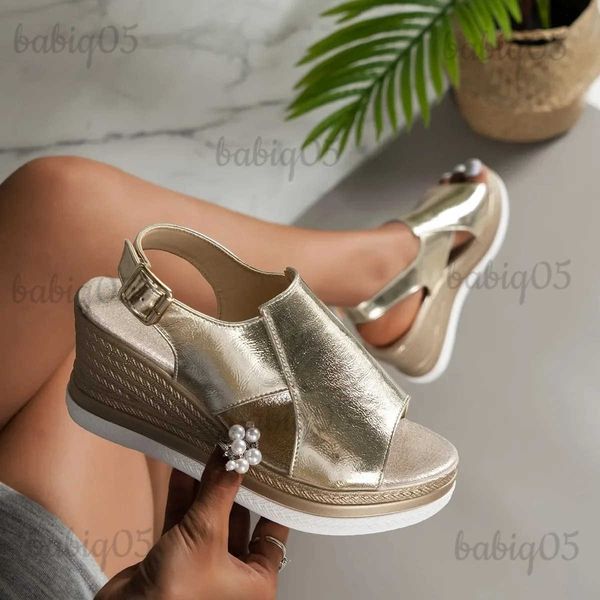 Sandalen Gold Silber PU Leder Keil Sandalen für Frauen 2023 Sommer Peep Toe Plattform Sandalen Frau Plus Größe Dicke Sohle alias Mujer T240301