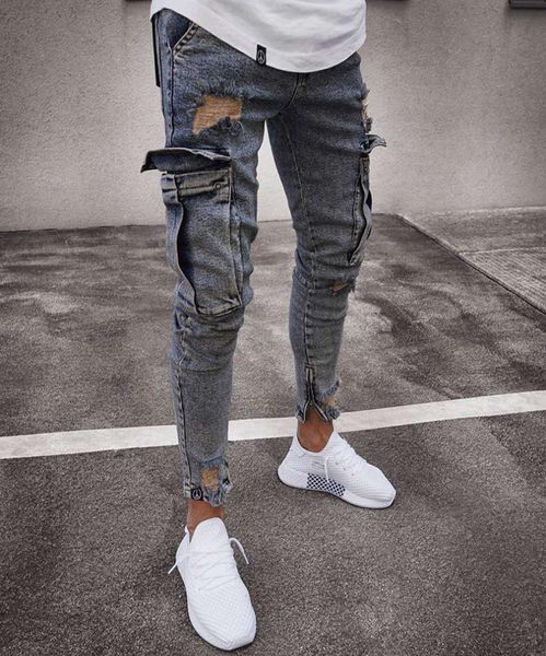 Multi bolso masculino rasgado jeans magros destruído desgastado fino ajuste denim calça casual masculino buraco fino zíper nostálgico calças de brim azuis 6081632