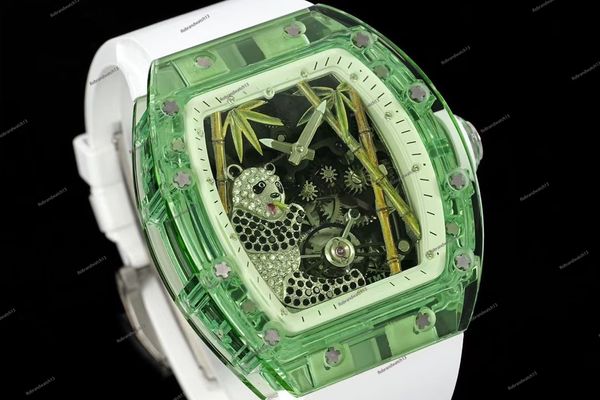 2024 neue Uhr Panda Eats Golden Bamboo Crystal RM26-01 Tourbillon Uhrenlünette Mittelgehäuse und Gehäuseboden funkelndes Kristall Doppelte durchbrochene Grundplatte