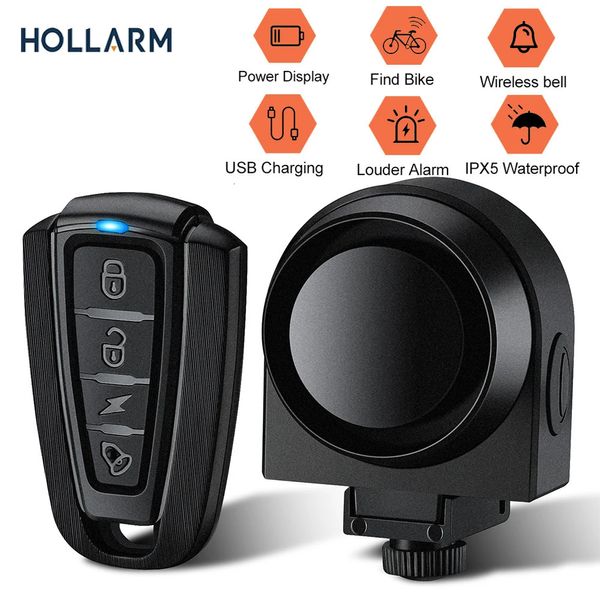 Hollarm sem fio bicicleta alarme de vibração carregamento usb motocicleta alarme controle remoto antifurto detector sistema alarme 240219