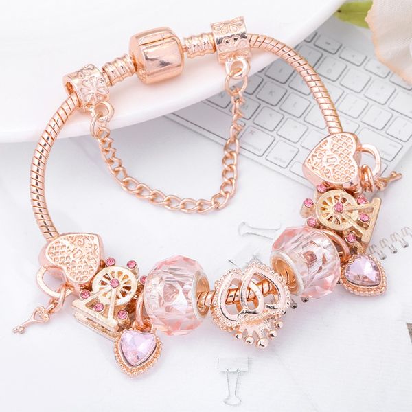 Clássico rosa ouro pulseiras marca designer diy cristal roda gigante frisado pulseira moda coração pingente presentes pulseira atacado jóias