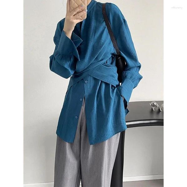 Camicette da donna Camicia streetwear blu da donna Colletto alla coreana Cinturino incrociato Vita manica lunga Ragazze Abbottonatura Top Abiti in pizzo