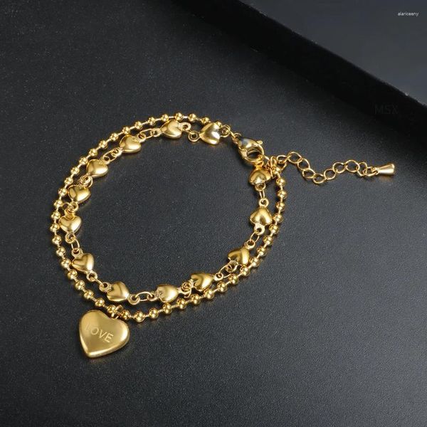 Charm-Armbänder Jovo Love 316L Edelstahl Doppel-Herz-Armband Perlenkette für Frauen Goldfarbe Handgelenk Feinschmuck Partygeschenke 2024