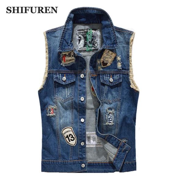 SHIFUREN Gilet di jeans strappati Moda uomo Patch Disegni Cowboy Jeans sfilacciati Giacche senza maniche Punk Rock Gilet da motociclista1427370