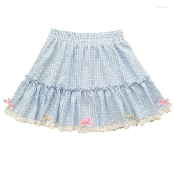 Röcke 2024 Blau Plaid Kawaii Lolita Mini Rock Frauen Y2k Ästhetische Schleife Kurze Harajuku Japanische Adrette Plissee Fee