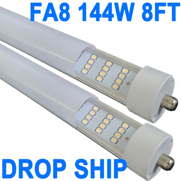 Luz de tubo LED de 8 pés, 4 fileiras, 144 W, substituição de lâmpada fluorescente de 250 W, lâmpada de loja, base FA8 de pino único, alimentação de extremidade dupla, tampa leitosa branca fria, AC 85-277V crestech