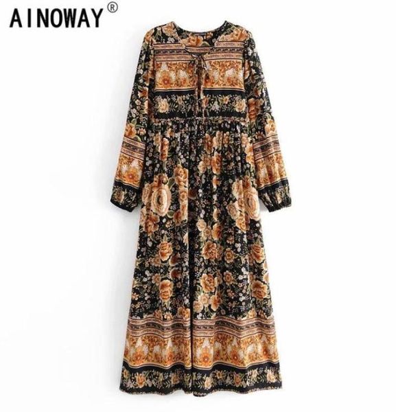 Vintage chic donna manica lunga cravatta collo etnico multi stampa floreale spiaggia maxi abito bohemien donna rayon abito boho vestidos6013224