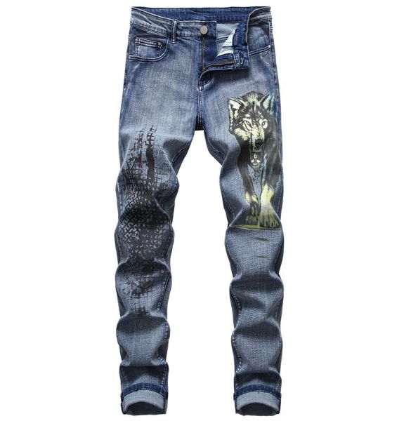 Digital impresso masculino jeans magros lobo impressão luz lavada calças jeans azuis calças masculinas 20214671362