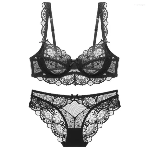 Set di reggiseni Lingerie Sexy Taglie forti C D E Coppa Reggiseno Nero Trasparente Reggiseno e mutandine da donna Set Biancheria intima di pizzo per ragazza