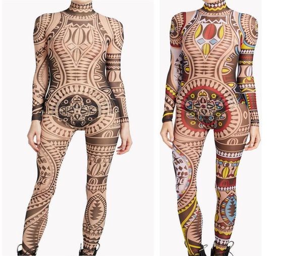 Plus Size Damen Tribal Tattoo Print Mesh Jumpsuit Kurviger afrikanischer Azteken-Body Promi-Catsuit-Trainingsanzug Jumpsuit1812706