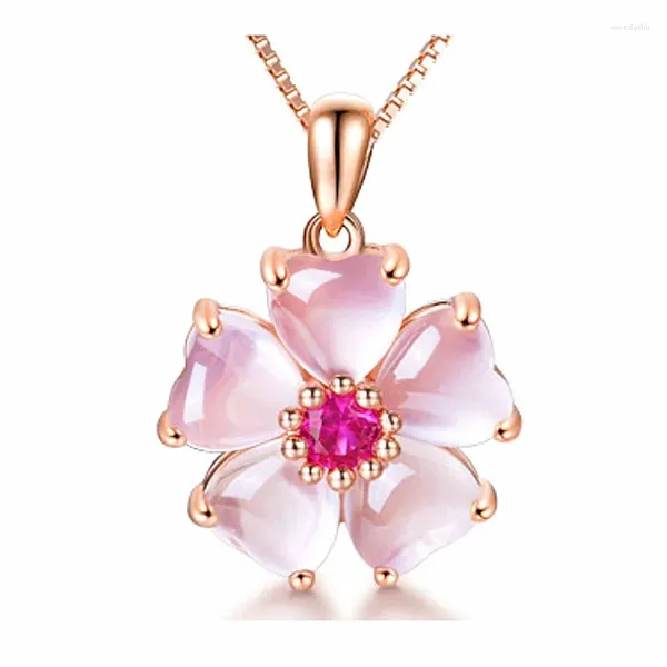 Collane con ciondolo Collana originale in argento 925 con fiori di pesco Dolce motivo floreale in cristallo rosa per le donne e le ragazze