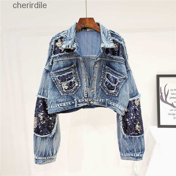 Damenjacken Herbst Schwere Pailletten Ausgefranste Kurze Denim Frauen Jeans Weibliche Studentin Streetwear Jean Mäntel1 240301