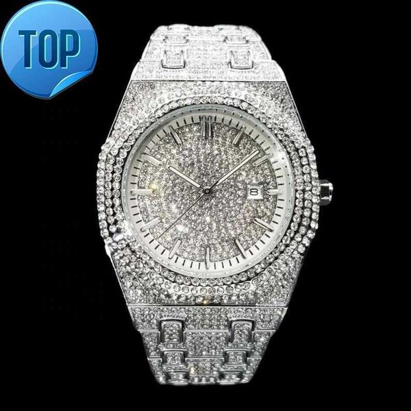 Orologio da polso al quarzo di lusso rotondo in oro argento ghiacciato da uomo di alta qualità con diamanti vintage hip-hop di alta qualità, prezzo indiano