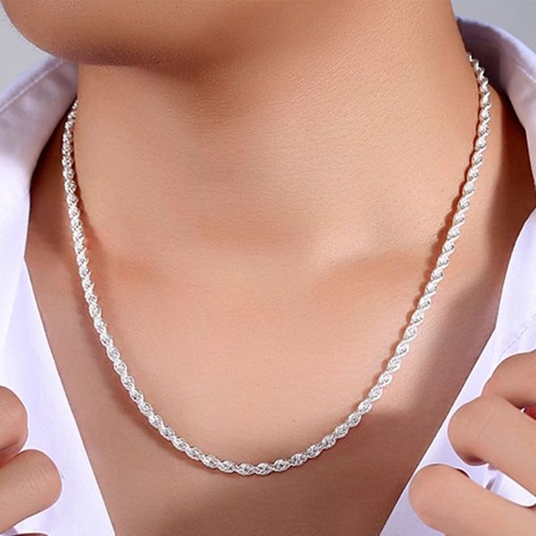 Alta qualidade 4mm feminino masculino corrente masculina corda torcida colar 14k pulseiras de ouro branco moda conjunto de jóias de prata