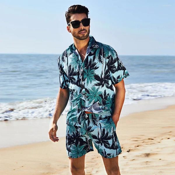 Homens Tracksuits Mens Moda Imprimir Conjuntos de Manga Curta Camisa Shorts 2 Pcs Terno Solto 2024 Verão Casual Beachwear Masculino Férias Havaianas