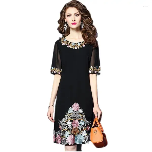 Partykleider Sommerkleid Frauen Hohe Qualität Chiffon Bestickt O Neck Retro Schwarz Pullover Lose Größe Kleidung Für 1023