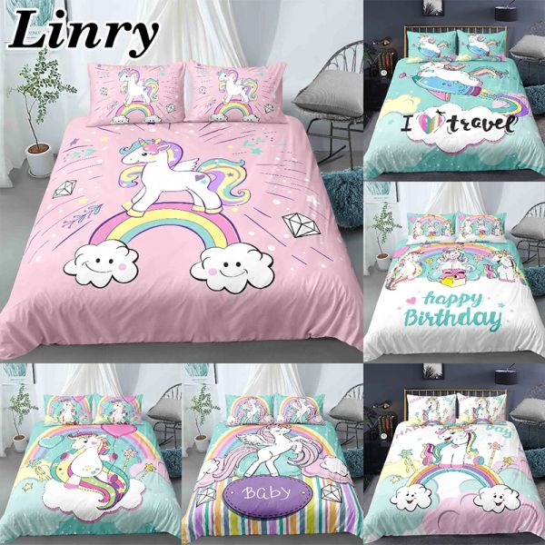 Conjunto Rainbow Unicorn Printing Double Duvet Capa com travesseiro King Queen Size Bedding Set Girls Home Decoration Têxtil pura cortinas