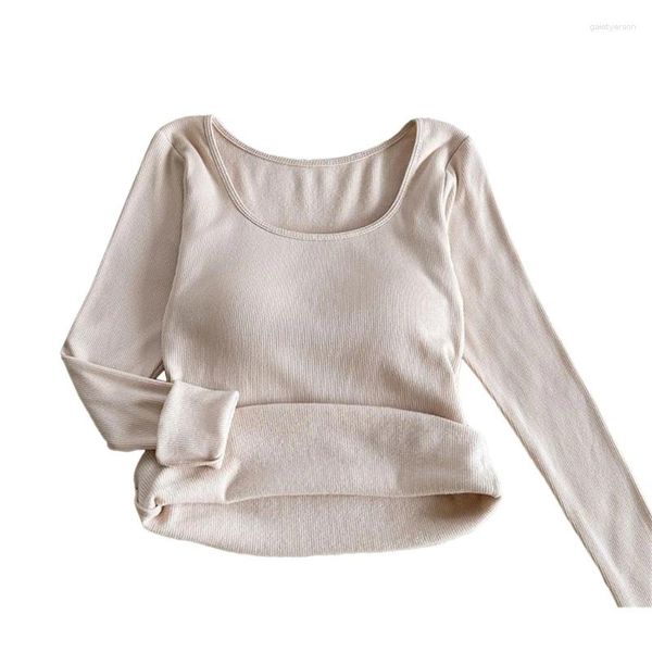 T-shirt da donna Elegante camicia a maniche lunghe con scollo quadrato Top in tessuto morbido e caldo per la caduta del freddo autunnale