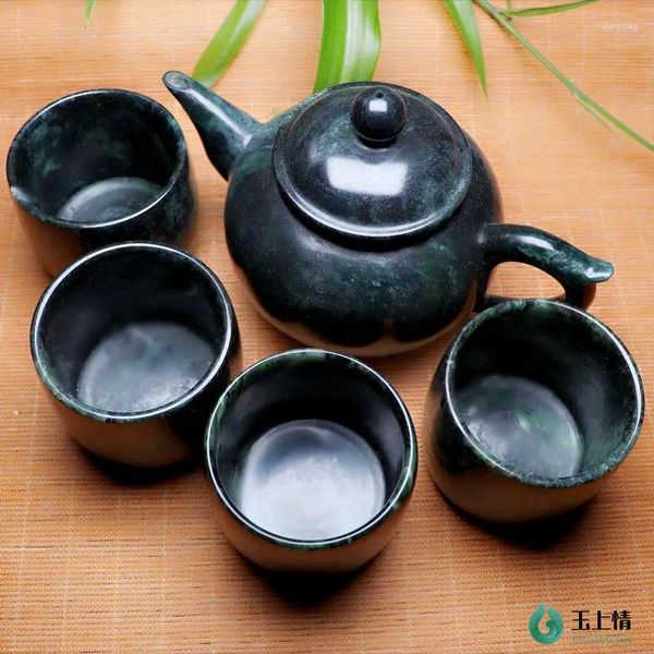 Teegeschirr-Sets, natürliche grüne Jade-Teekanne, 4 Teetassen, Gongfu, chinesische Teezeremonie, handgeschnitztes Jade-Stein-Set mit Teekannen