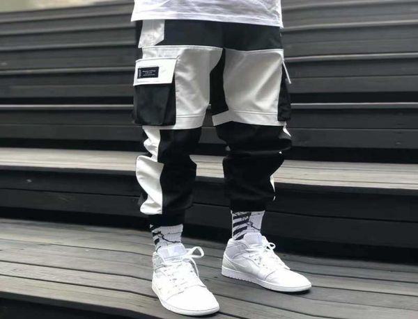 Calças harem dos homens joggers calças de carga preto branco streetwear masculino bolso hip hop bolsos casuais harajuku moda calças x06151723881
