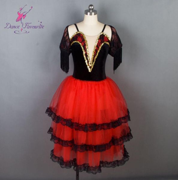 Neues spanisches Mädchen-Ballettkleid aus schwarzem Samt mit rotem Tüll-Ballettkleid für Damen. Performance-Ballettkostüme für Ballerina5786939