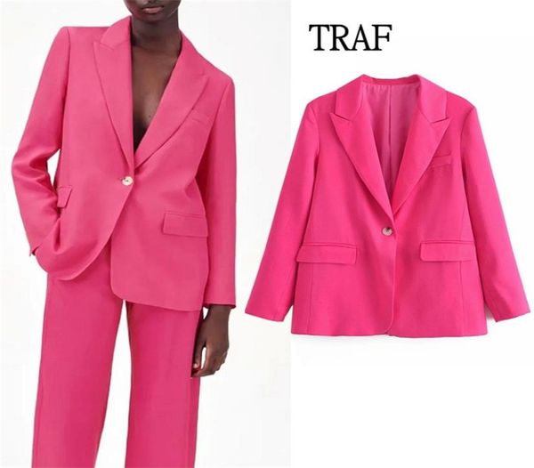 Traf za mulheres blazer moda escritório senhoras jaquetas casaco feminino rosa vermelho manga longa solto único botão meninas chique 2108267383157