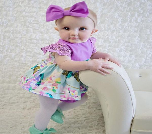 Bebê recém-nascido meninas roupas sem mangas rendas menina macacão moda vestido rosa azul doce macacão bonito bandana flor kawayi outfit w7542296