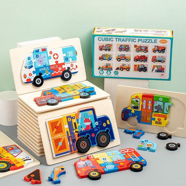 Progetto di educazione precoce per l'illuminazione dei bambini Traffico di veicoli Puzzle tridimensionale in legno Giocattolo per ragazzi e ragazze Regali di compleanno per bambini